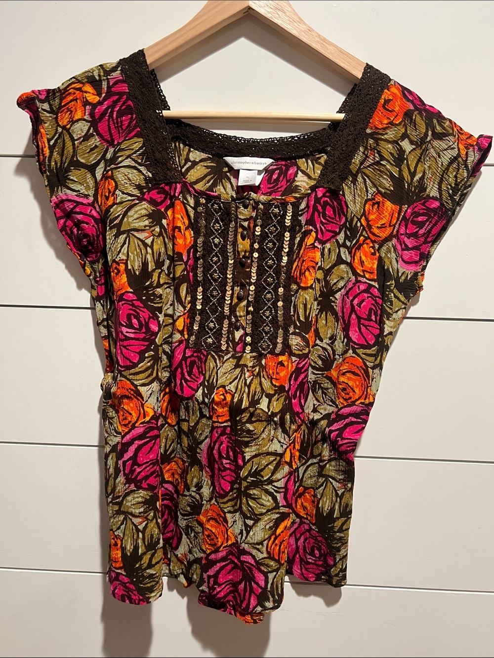 Floral Cap-Sleeve Women's Top in Pink & Orange with brown trim